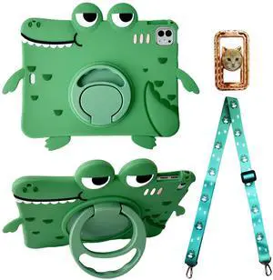 Green Dinosaur Case with Strap for iPad Pro 11 inch/Air 5th 2022/Air 4th 2020 10.9 inch,3D Kawaii Cute 360 Rotation Kickstand Dinosaur Kids Girls Boys Soft Silicone Case with Cat Kickstand