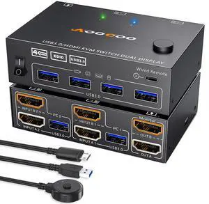 HDMI KVM Switch 2 Monitors 2 PC 4K@60Hz/2K@120Hz KVM Switches with EDID Simulator, USB 3.0 Port,Wired Remote and USB3.0 Cables Included