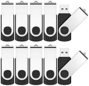 16GB Flash Drive, JEVDES 10 Pack Swivel Data Storage USB Flash Drive USB 2.0 Flash Drive Thumb Drives with LED Indicator, Jump Drive Zip Drive Memory Sticks (10 Black with Lanyards)