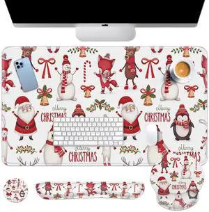 Britimes Merry Christmas Bear Keyboard Mouse Pad Set Deer Fox Santa Claus 4in1 Large Mousepad+Keyboard Wrist Rest+Mouse Wrist Rest+Coaster Ergonomic Design for Home Office Computer 35.4 * 15.7 inches