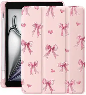 Idocolors Kawaii Pink Bow Pad Case for iPad 10th/11th Generation, Clear TPU Stand Back Cover with Pencil Holder, for 10.9 Inch iPad 2022/2025 Pink Auto Wake/Sleep Adjustable Protective Case