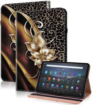 Case for All-New Kindle Fire 7 Tablet (12th Generation, 2022 Release) - PU Leather Flip Case with Stylus, Elastic Band & Card Slots/Holder, Multi-Angle Viiewing Stand Cover, Metallic Flower
