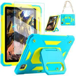 KCJ for iPad Pro 11 Case (M4) 2024,with Tempered Glass Screen Protector,Cute Protective Case with Folding Stand/Pencil Holder/Shoulder Strap for iPad Pro 11 2024 (5th Generation) (Blue+Yellow)