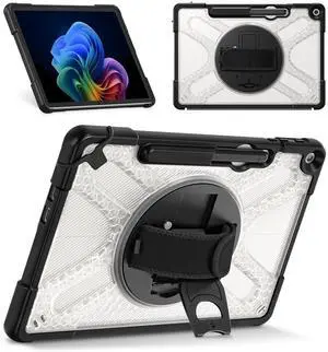 Fintie Rugged Case for Microsoft Surface Pro 12 Inch 1st Edition (2025), 360° Rotating Kickstand Shockproof Cover with Hand Strap and Pen Holder, Compatible with Type Cover Keyboard (Transparent)