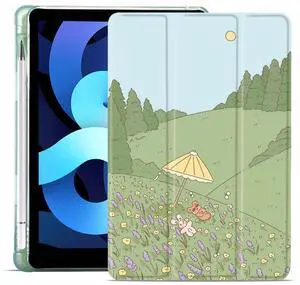 MAYCARI Cartoon Rabbit Floral Case for iPad 10.2 inch 2021/2020/2019 with Pencil Holder, Cute for iPad 9th/8th/7th Generation Protective Case with Soft TPU Green, Auto Sleep/Wake Cover Slim Shell