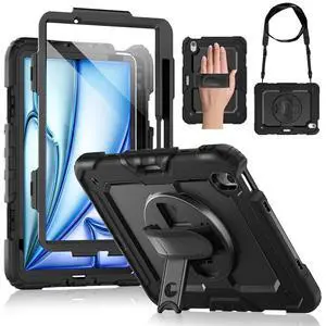 DUNNO for iPad Air 11 Inch Case M3 2025 & M2 2024, Heavy Duty Shockproof Case with Screen Protector, Pencil Holder, 360° Rotating Stand, Adjustable Hand & Shoulder Strap (Black)
