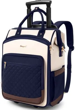 Rolling Backpack for Women, Travel Backpack with Wheels, Vertical Storage Wheeled Laptop Backpack, Backpack on Wheels for College Business Work Overnight, Stylish Rolling Laptop Bag, Navy Blue