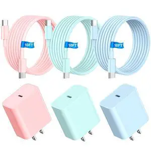 i Phone Charger Fast Charging, 3 Colors USB C Wall Charger, 10FT Fast Charging Cable + 20W USB C Charger Block, Compatible with i Phone 15 16 17 Pro/Max/Plus - Blue Green Pink