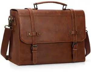 RAINSMORE Mens Messenger Bag 18 Inch Waterproof Vintage Leather Laptop Briefcase Large Laptop Bag Satchel Bag Computer Shoulder Bag for Office Business Travel College,Brown