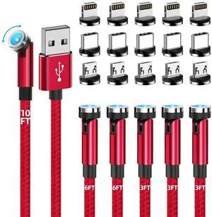 Magnetic Charging Cable, 540 Rotating Phone Charger [6-Pack, 3ft/3ft/3ft/6ft/6ft/10ft] 3 in 1 USB Cable Nylon Braided for iProduct/Micro USB/Type C Device-Red