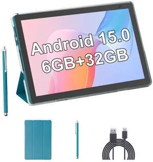 Android 15 Tablet with Case and Stylus, 10 inch Android Tablets, 6GB RAM 32GB ROM 1TB Expand, Quad-Core Processor Tablet PC, 6000mAh Battery, 10.1'' 1280x800 HD Screen, Dual Camera, WiFi, BT, Navy