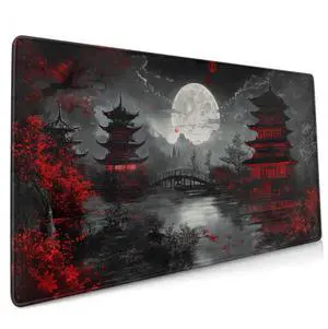 Japanese Mouse Pad XXL 35.4 X 15.7 Inch Black Red Design Style Extended Large Gaming Mousepad Keyboard Full Desk Mat Non-Slip Rubber Base Stitched Edges for Home Office