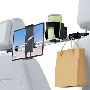 Upgraded Car Backseat Tablet Holder for iPad with Cup Mount, Headrest Tablet Stand for Back Seat Kid Entertainment Compatible with iPad Pro Air, Galaxy Tab, Kindle Fire HD or Other 6.111" Device