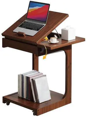LAMATILOVE Wooden C-Shaped End Table, Couch Side Table with Reversible Side Panel, 5 Tilt Angle Adjustments, Rolling Wheels, for Living Room, Bedroom