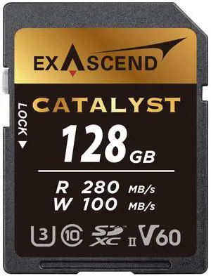 Exascend 128 GB / 256 GB Catalyst SD Card, C10, U3, V60, up to 280MB/s, Compatible with Canon, Nikon, Panasonic and Other Cameras. (128GB)