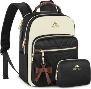 MATEIN Mini Backpack Purse for Women, Fashion Small Purse Backpack with USB Charging Port, Waterproof Casual Daily Cute Shoulder Bag Ladies Handbags for Travel Work College, 2pcs Sets, Black-Beige