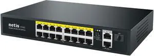 Netis P116GH Uplink POE Switch; 16 PoE Power Supply Capability, 2X 10/100/1000bt Uplink, and 1x 1000bx SFP Ports; Auto MDI/MDIX Crossover for All Ports; Non-Blocking Wire Speed Forwarding