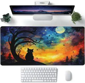 XXL Mouse Pad,Black Cat Under The Moon Large Gaming Mouse Pad,Northern Lights Night Sky Desk Mat,Extended Big Computer Keyboard Desk Pad with Non-Slip Base and Stitched Edge 35.4"x15.7"