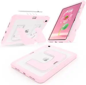 CCMAO Case for iPad (A16) 11th/10th (2025/2022), Shockproof Protective Lightweight iPad Cover with Pencil Holder, Kickstand, Transparent Hard PC Back Cover, Cute Case for, Kids, Women, Light Pink