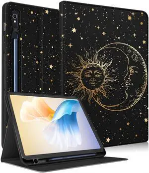 Wazzasoft for Samsung Galaxy Tab S10 Fe/S9 Fe Case - Tab S9 Case for Women Girls Cute Design Girly Kawaii Sun Moon Pretty Aesthetic Folio Tablet Cover with Pencil Holder