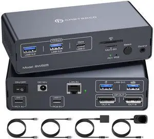 FQuanmap 4K120Hz USB C KVM Switch 2 Monitors 2 Computers Displayport USB 3.2 KVM Switches Dual Monitor Docking Station for Dual Laptops Share a 1G Ethernet and SD/microSD Card Slots