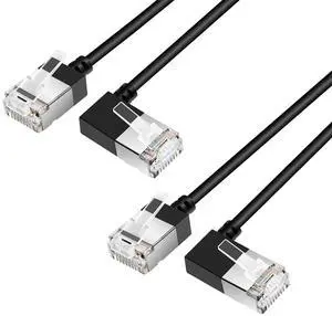 Dutevolns Ultra Thin Cat 6A Ethernet Cable 25 Feet 2Pack, 90° Degree Right Angled, 10Gbps High-Speed Network Slim Cable, 550Mhz, Rj45 Flexible Ethernet Cable, for PC, Router, Ps4/5 (Black)