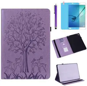 Case for Samsung Galaxy Tab A 9.7 inch 2015 (SM-T550 T555 SM-P550 P555), PU Leather Soft Silicone Back Cover Card Holder Stand Case, with Stylus Pen,Screen Film (Tree Purple)
