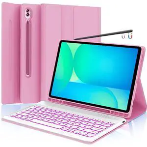 Keyboard Case for Samsung Galaxy Tab S10 FE / S10 Lite 10.9 Inch, S9 FE Smart Backlit Keyboard case with Pen Holder for Tab S9 S8 S7 11", Pink