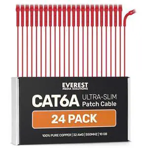 Everest Ultra Slim Cat6a Ethernet Patch Cables 5ft (24-Pack) Red - 10GB Cat 6a Patch Cable - Bendable, Flexible & Thin Ethernet Cable - Space Saving 32AWG 550MHZ Cat6a Cables - 100% Copper Wires