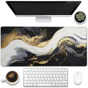 Eflxamz Desk Pad,Black White Ink Liquid Marble Desk Mat,Gold Abstract Marble Large Gaming Mouse Pad for Desk,Extended Big Computer Keyboard Mouse Pad with Non-Slip Base and Stitched Edge,35.4"x15.7"