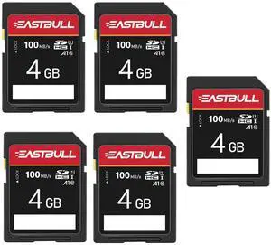 EASTBULL 5-Pack of SD Card 4GB Class 10 SD Card U1 V30 High-Speed 100MB/s Read SDHC Memory Card for Camera, Full HD Video, with 5 Mini Cases (4 GB, 5 Pack)