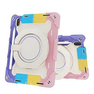 Dteck for iPad A16/10th Generation 2022, Heavy Duty Shockproof Rugged Protective Case with Rotating Stand and Pencil Holder, Rainbow Pink