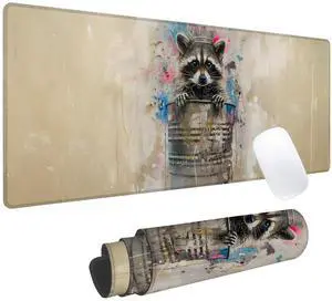 Raccoon Gaming Mouse Pad, Office Desk Mat, Anti-Slip Rubber Base Cool Aesthetic Mouse Pads for Computer Laptop Keyboard School Home Desktop Gamer Home Accessories Decor 31.5" x 11.8"