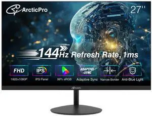 ArcticPro 27inch Computer Monitor, FHD 1080p, 144Hz Office and Gaming Monitor, IPS, Adaptive Sync, 110% sRGB, 1ms, 3-Sided Frameless, Ultra Slim, VESA Mountable, Anti-Blue Light Design, HDMI, DP