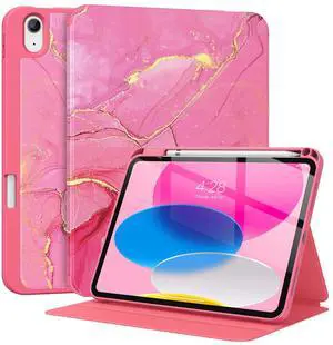 Supveco Case for iPad (A16) 11th Generation 11 inch (2025),iPad 10th Generation 10.9 inch (2022) with Pencil Holder-[Auto Wake/Sleep],Premium Folio Stand Case with Soft TPU Back Cover-Marble Red