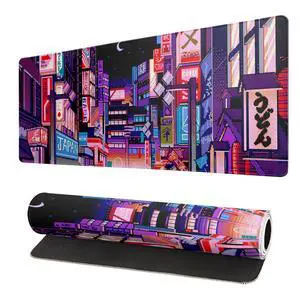 Dark Purple Japanese Gaming Mouse Pad Abstract Anime Mat 31.5x11.8 Inch Tokyo Pixel Street Texture Non-Slip Rubber Base Kawaii Mousepad Stitched Edges Keyboard Desk Pad for Office and Home Game