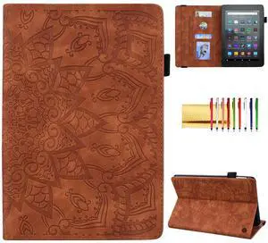 Case for Amazon Fire 7" 2022 12th Generation, Techcircle Mandala Embossed PU Leather Folio Stand Soft TPU Back Cover Slim Lightweight Elastic Band Protective Case with Card Slots & Pen Holder, Brown