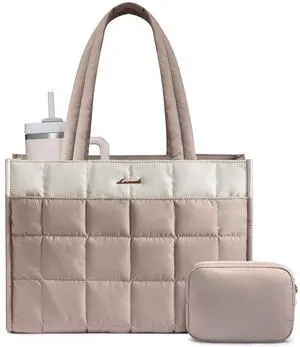 LOVEVOOK Tote Bag for Women, Puffer Work Handbag 15.6 Inch Laptop Purse for Nurse Teacher, Large Quilted Travel Tote Shoulder Bag with Zipper for College Office Clinical Gym, Cream-Blush