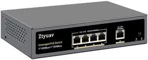 Ztyuav 5-Port Full Gigabit Unmanaged PoE Switch with 4 PoE+ Ports @75W and 1 Uplink Port-IEEE802.3af/at, PD Auto-Detection, VLAN Mode, Fanless Metal Network Switch Plug & Play