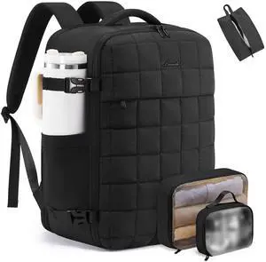 LOVEVOOK Large Travel Backpack for Women, TSA Carry on Backpacks for Airplanes, 40L Personal Item Travel Essentials Bag with 3 Packing Cubes, Waterproof Puffer Laptop Bag for Weekender Overnight Black