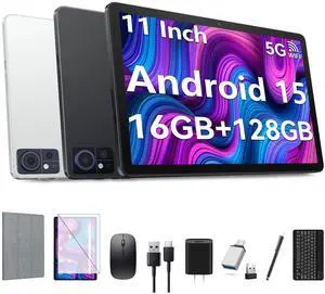 Tablet 11 inch 2025 Latest Android 15 Tablet with Keyboard,128GB ROM 16GB RAM 1TB Expand,Octa-Core Tablets with 5G/2.4G WiFi Model 8000mAh Battery,Incell Big Screen,13MP+8MP Camera,Bluetooth 5.0,GPS