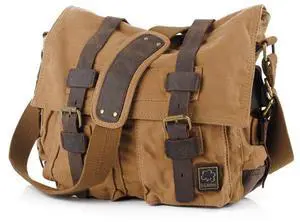 JONON Vintage Military Men Canvas Messenger Bag for 13.3-17" Laptop (Size 17.3", Brown)
