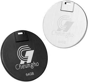 64GB USB Flash Drive 2 Pack, Metal Thumb Drive with Round Card Design, Waterproof USB 2.0 Portable Jump Drive for Laptop Computer Tablet (2 Colors: Silver Black)