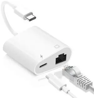 MTIQHS USB C to Ethernet Adapter, 2-in-1 USB C to RJ45 Ethernet Adapter with 60W Type C PD Charging Port Supports 100Mbps, LAN Network Compatible with iPhone 17/16/15, MacBook, Android