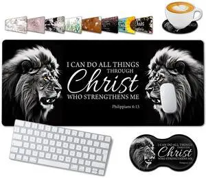 Large Gaming Mouse Pad,31.5x11.8in Extended Computer Mouse Mat with Non-Slip PU Base, Ergonomic Memory Foam Keyboard Wrist Rest, for Work Gaming, Fierce Lion Philippians 4:13 Black Office Desk Pad