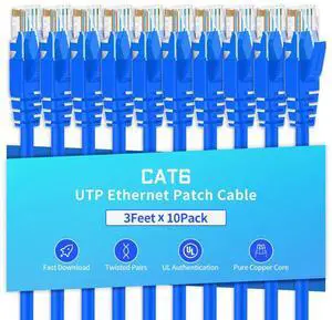 XANHAM Cat6 Ethernet Cable 3 Feet 10 Pack Network RJ45 Cat6 Internet Patch Cable, Unshielded, Blue