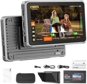 VILTROX DC-X2 6 inch Touchscreen Camera Field Monitor 4K HDMI Video Monitor with Sunshade Hood/Battery 2000nits 160°Wide View Angle 1920X1080 3D LUT Peaking Focus Assist Monitor