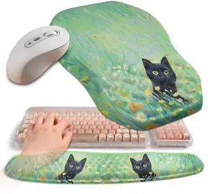 Gleamtide 2-in-1 Ergonomic Set, Wave Keyboard Wrist Rest and Massage Slope Mouse Pad Wrist Support, Rebound Memory Foam for Relieve Carpal Tunnel Syndrome and Wrist Pain (Oil Painting Cats)