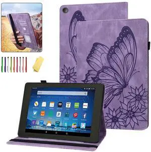 UUcovers Fire HD 10 2019/2017/2015 Case 9th/7th/5th Generation 10.1", Slim Folio Stand Wallet with Pencil Holder Elastic Band [Auto Sleep/Wake] Embossed PU Leather Cover, Flower Butterfly Purple