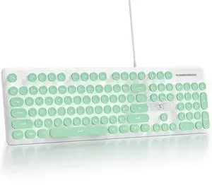 Fogruaden Wired Computer Keyboard, Quiet Full Size Membrane Keyboard, Retro Typewriter Style Round Key, Light Up, Green Cute Keyboards, White LED Backlit, Slim, Silent for Windows PC, Laptop